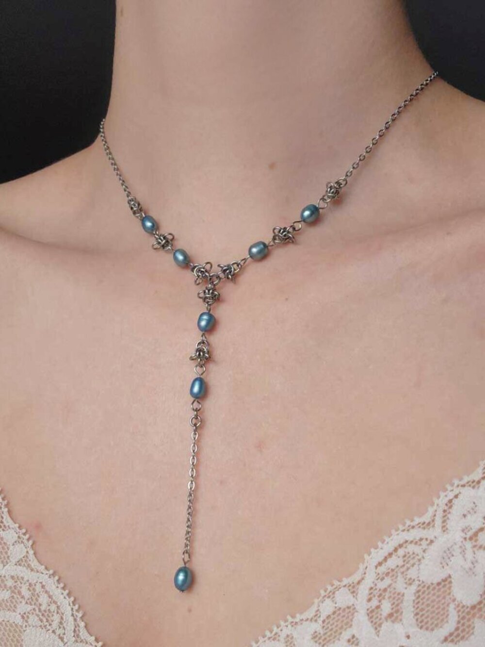 Mermaid blue pearl and silver rosary necklace